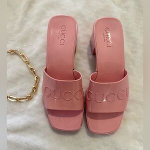 Gucci Pink Embossed Slide Mules Heels